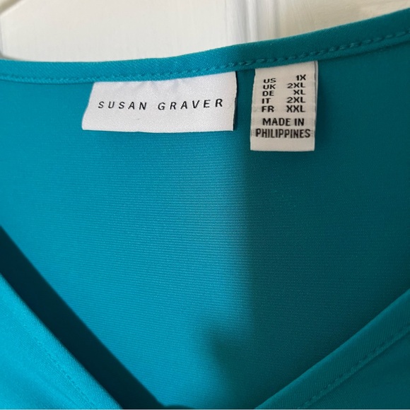 Susan Graver Plus Turquoise V-Neck Blouse with Ring Detail - Picture 3 of 6